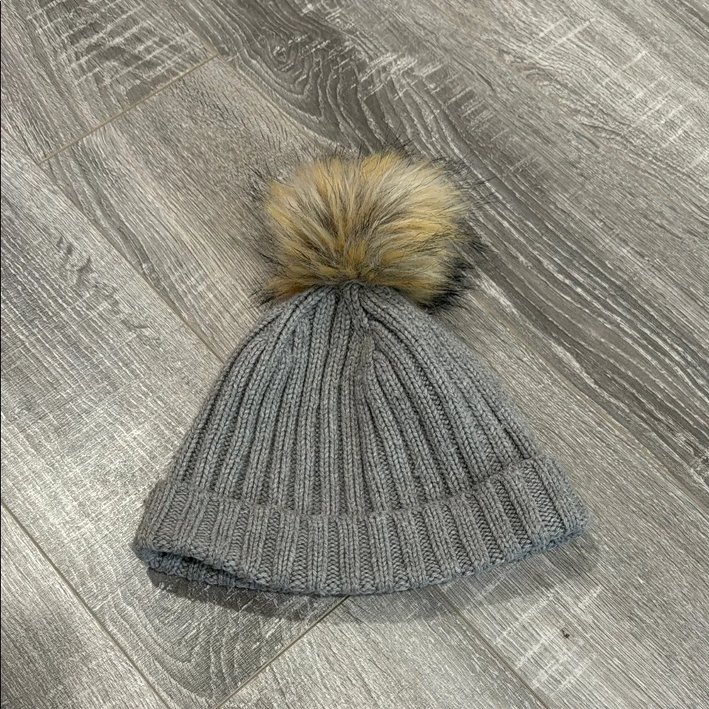 J. Crew Wool Blend Fold Over Beanie with Faux‎ Fur Pom Pom - Gray Knit